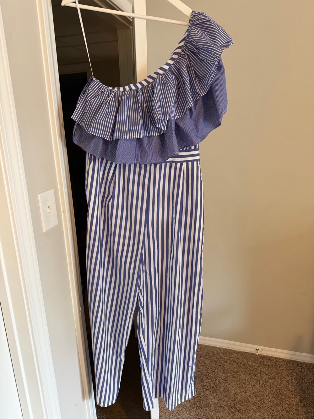 J. Crew Blue and White Striped One-Shoulder Ruffle Jumpsuit
